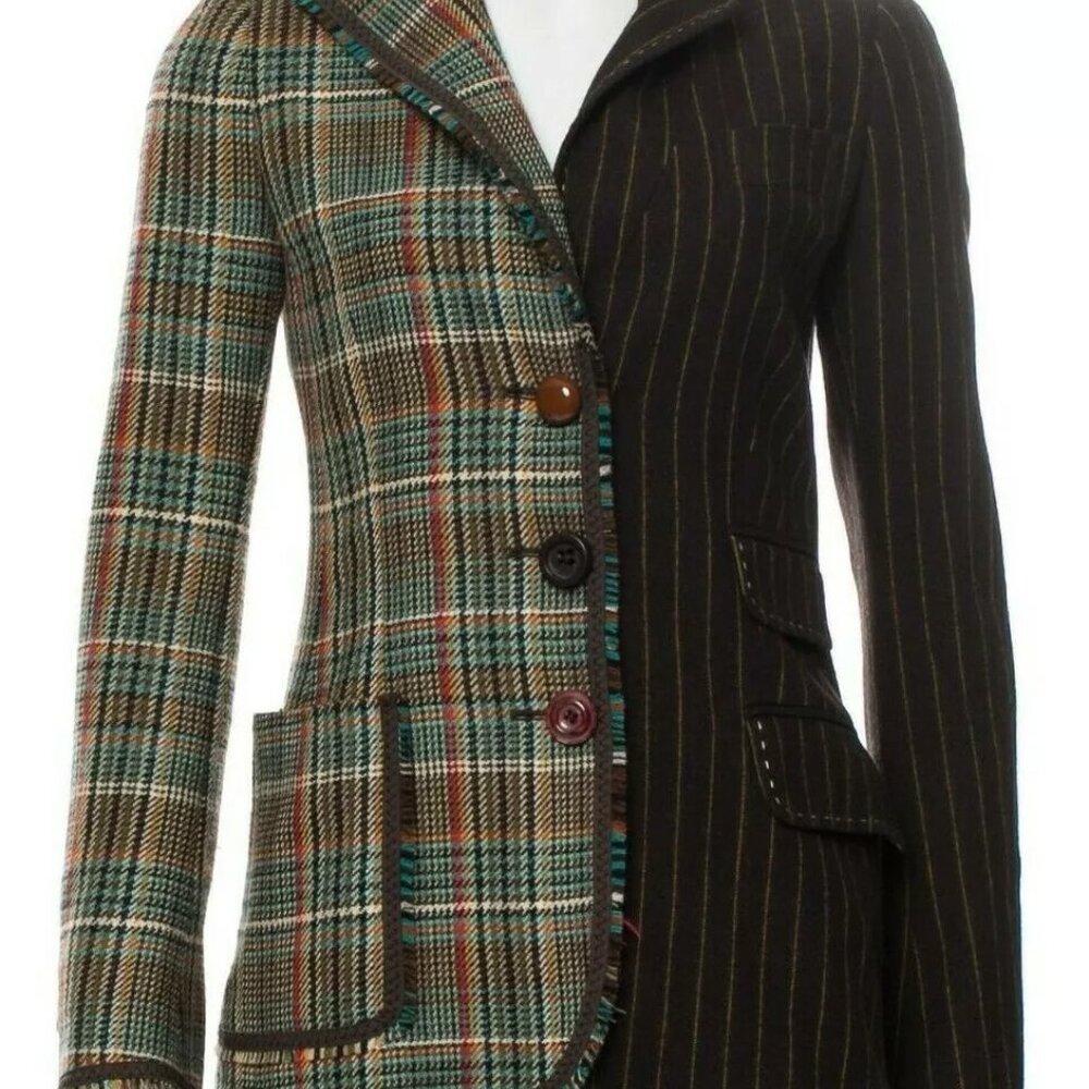 MOSCHINO Italian Plaid Pinstripe Abstract Wool 2 TONE HALF Blazer JACKET US 8